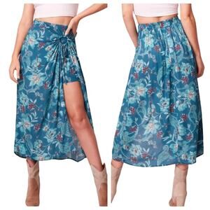 Band of the Free Celene Layered Floral Midi Skirt with Slit Deep Teal XS New